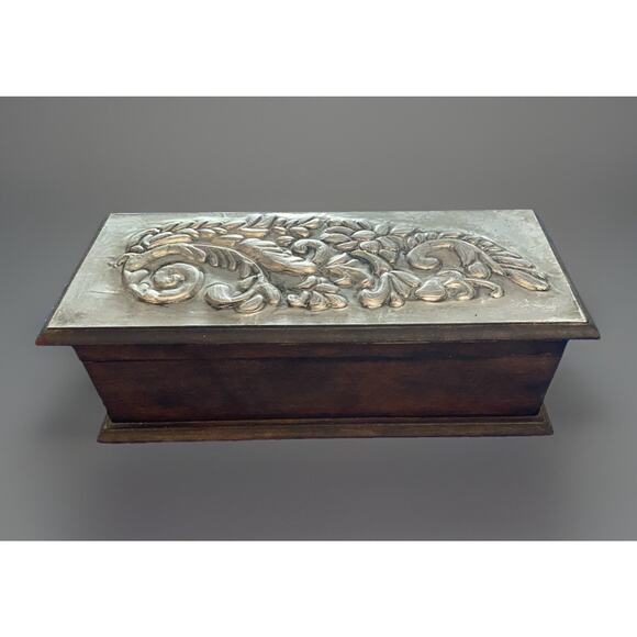 Vintage Midcentury Metal Foil Decorated Lid Wood Trinket Box 10"x4"x3" Jewelry - Picture 1 of 5